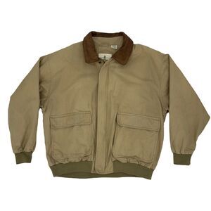 Vintage Austin Reed Jacket Men XL Beige Cotton Full Zip Leather Trim Inner Lined